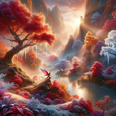 Primary subject: A fairy sitting on a rock in a colorful, magical forest.

Setting/background: The fairy is surrounded by a vibrant, lush forest filled with trees, flowers, and water. The forest is painted in a variety of colors, creating a whimsical and enchanting atmosphere.

Visual style: The image is a digital art or illustration, featuring a detailed and imaginative portrayal of the fairy and her surroundings.

Colors and m